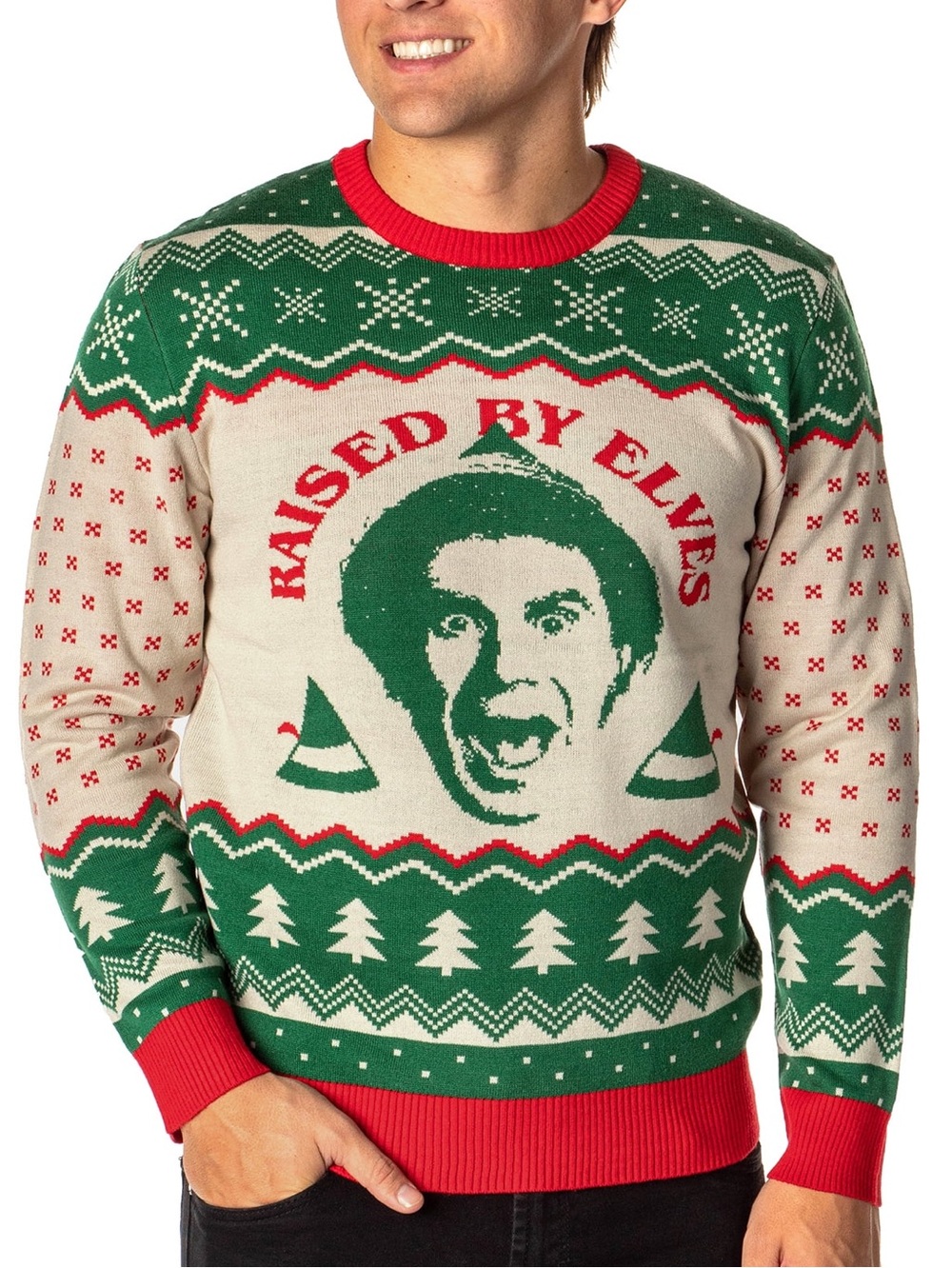 New "Elf" The Movie Men's Raised By Elves Ugly Christmas Sweater